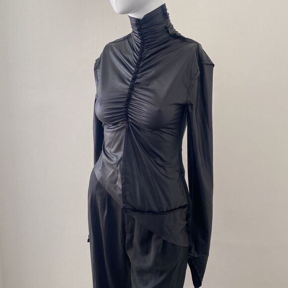 Sami Miro Vintage Shirred Vinyl Turtleneck Black Eco-Conscious Top in Carbon - Picture 6 of 10